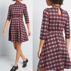 Modcloth Gray and Red A-Line Dress 3/4 Sleeve